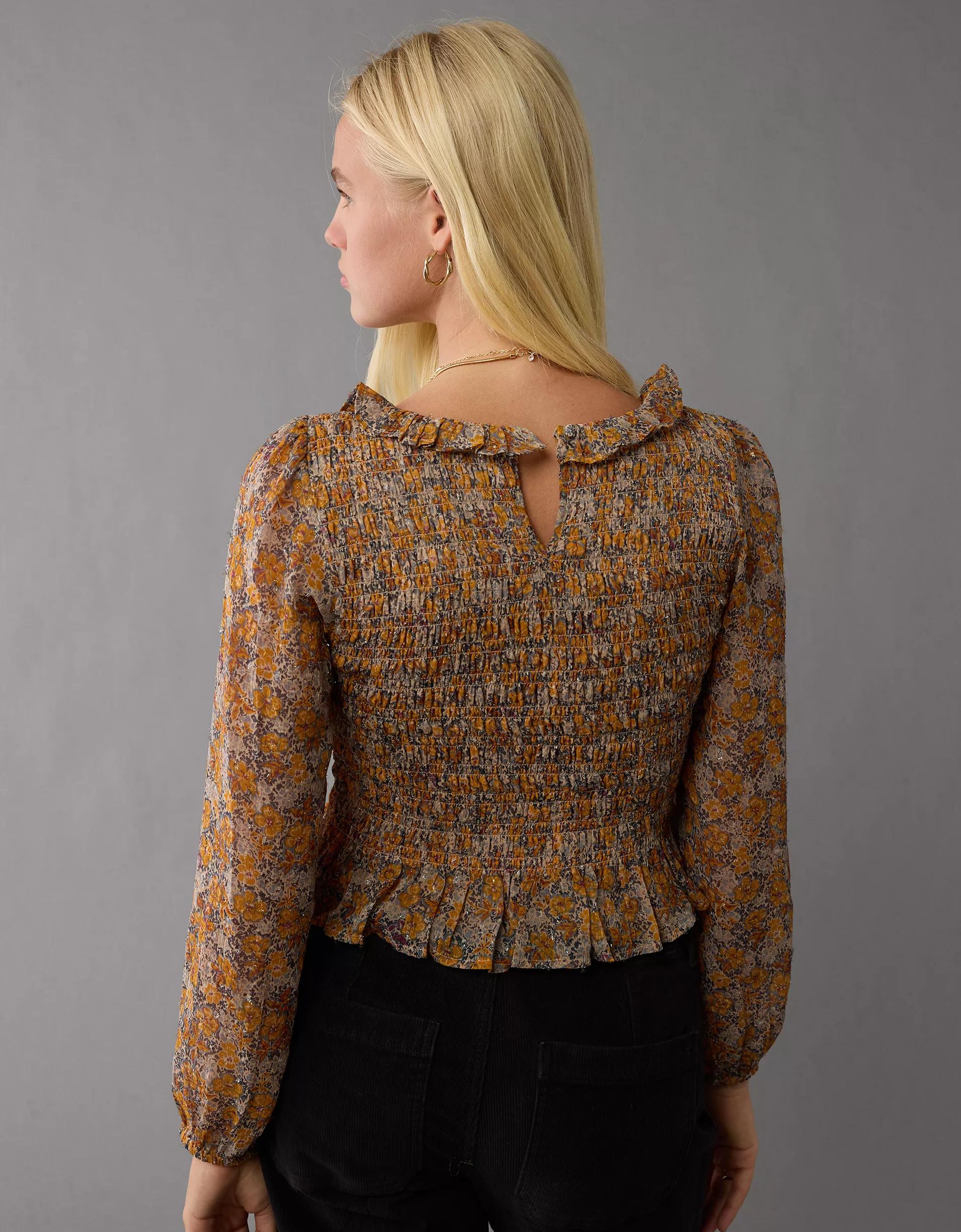 AE Long-Sleeve Smocked Bodice Ruffle Top Product Image