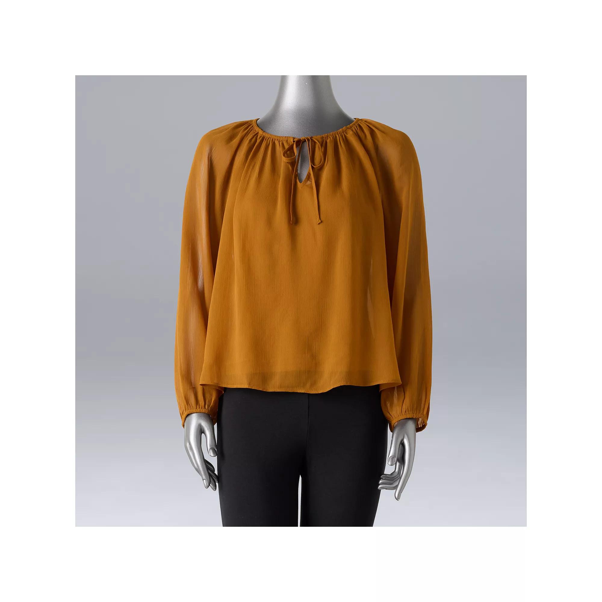 Petite Simply Vera Vera Wang Tie Neck Balloon Sleeve Shirred Blouse, Women's, Size: Medium Petite, Deep Red Product Image