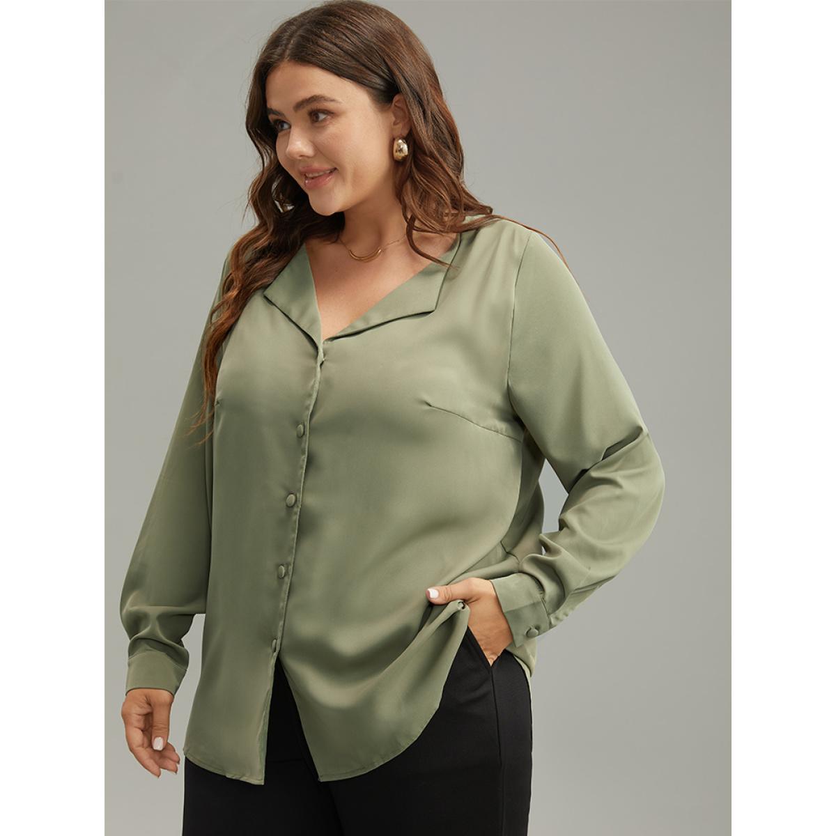 Plus Size ArmyGreen Lapel Collar Button Up Blouse Women Office Long Sleeve Lapel Collar Office Blouses BloomChic 14-16/1X Product Image