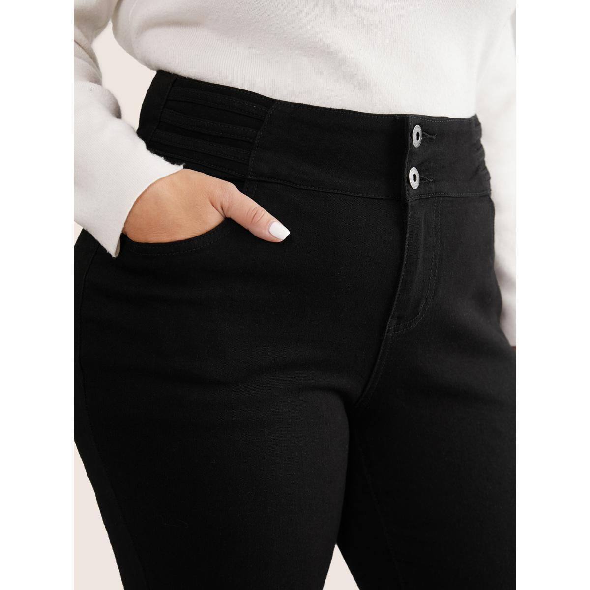 Plus Size Black Wash Button Through Skinny Jeans Women Black Casual Plain Plain High stretch Pocket Jeans BloomChic 16/1X Product Image