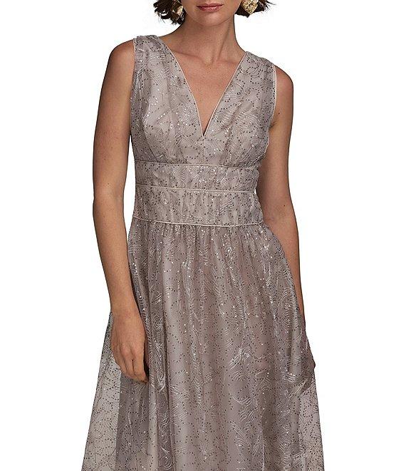 Donna Karan V-Neck Embroidered Mesh Sequin Dress Product Image