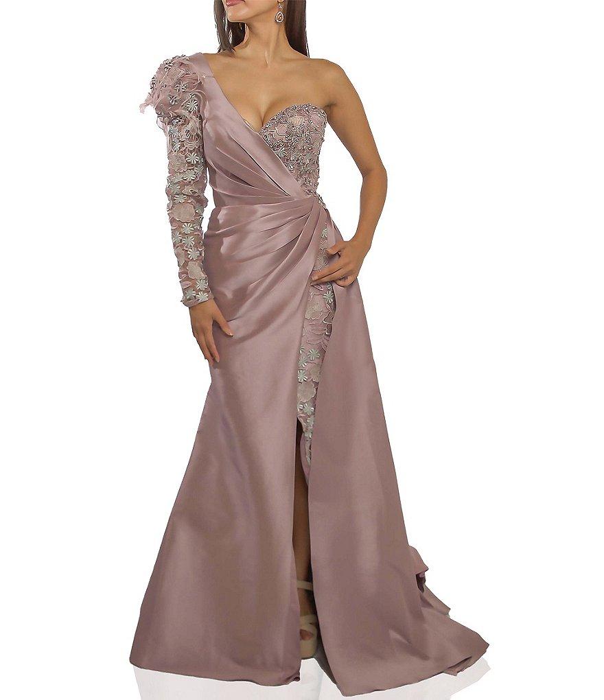 Terani Couture Embroidered Mikado Feather Shoulder One Long Sleeve Front Slit Gown Product Image