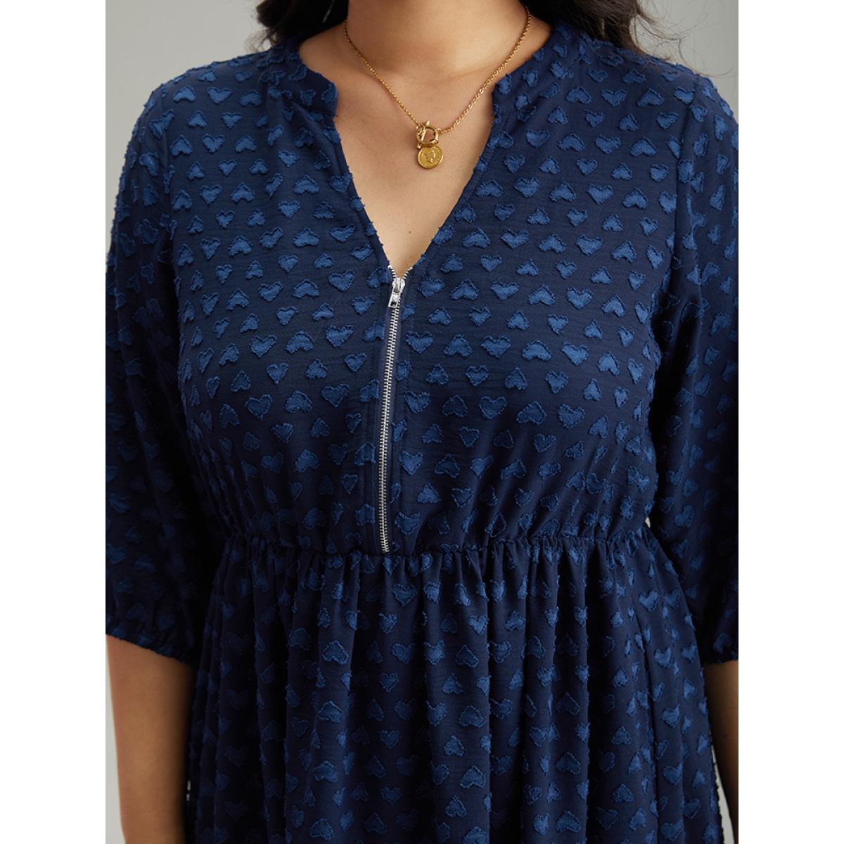 Plus Size Plain Heart Textured Half Zip Notched Dress Indigo Women Office Elastic cuffs Notched collar Elbow-length sleeve Curvy Midi Dress BloomChic 10/M Product Image