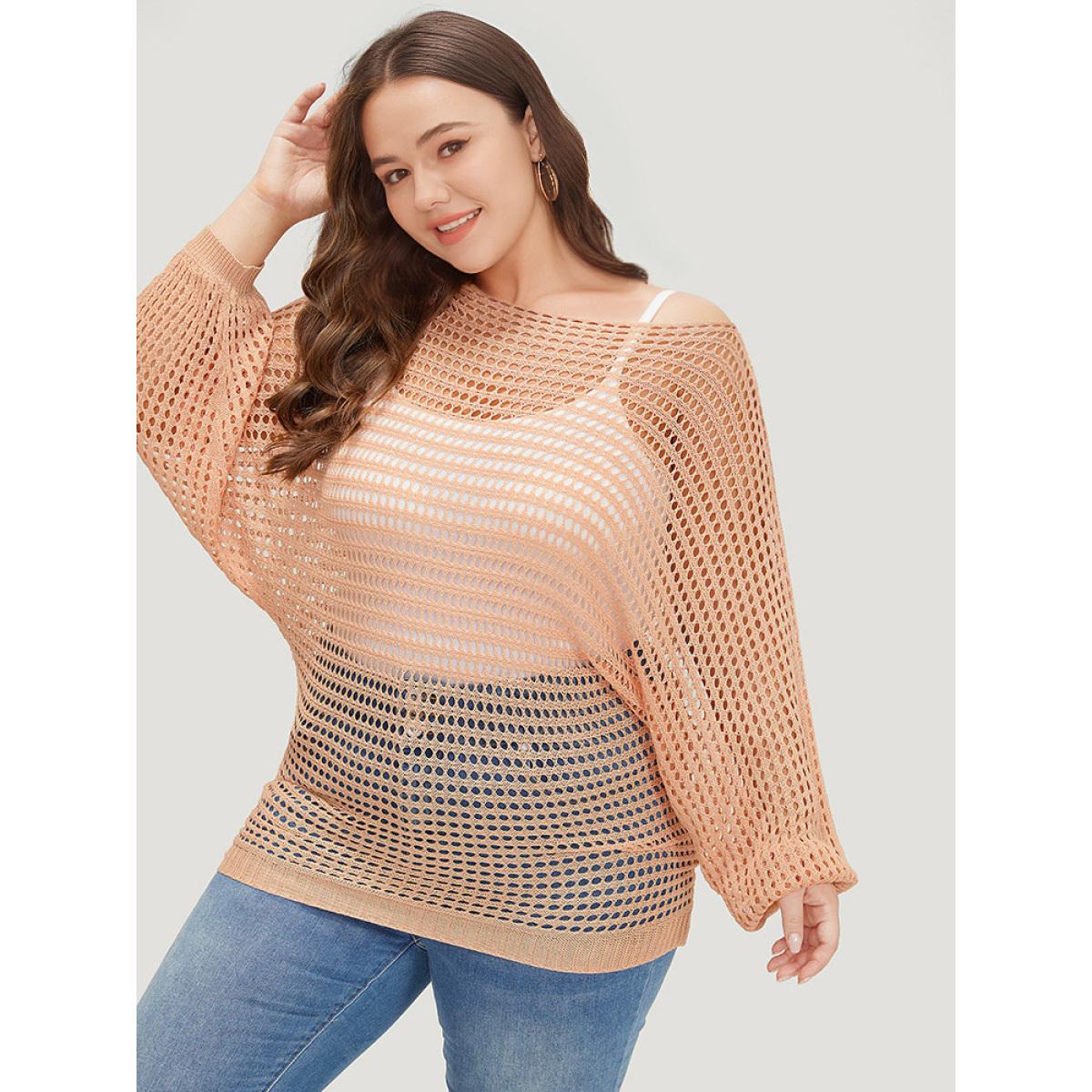 Plus Size UltraCool Solid Hollow Out Batwing Sleeve Pullover Salmon Women Casual Loose Long Sleeve Round Neck Everyday Pullovers BloomChic 28/5X Product Image