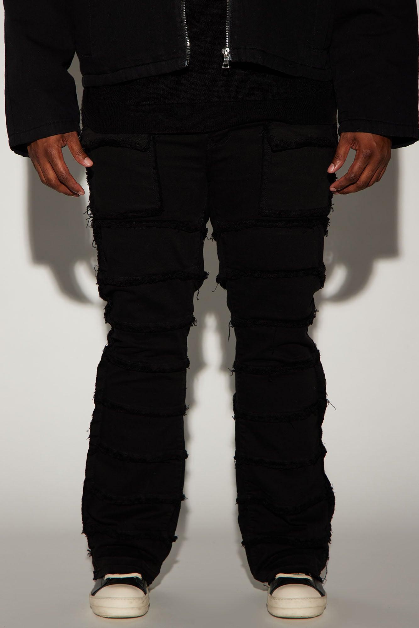 Square Pockets Fray Stacked Skinny Flare Pants - Black Product Image