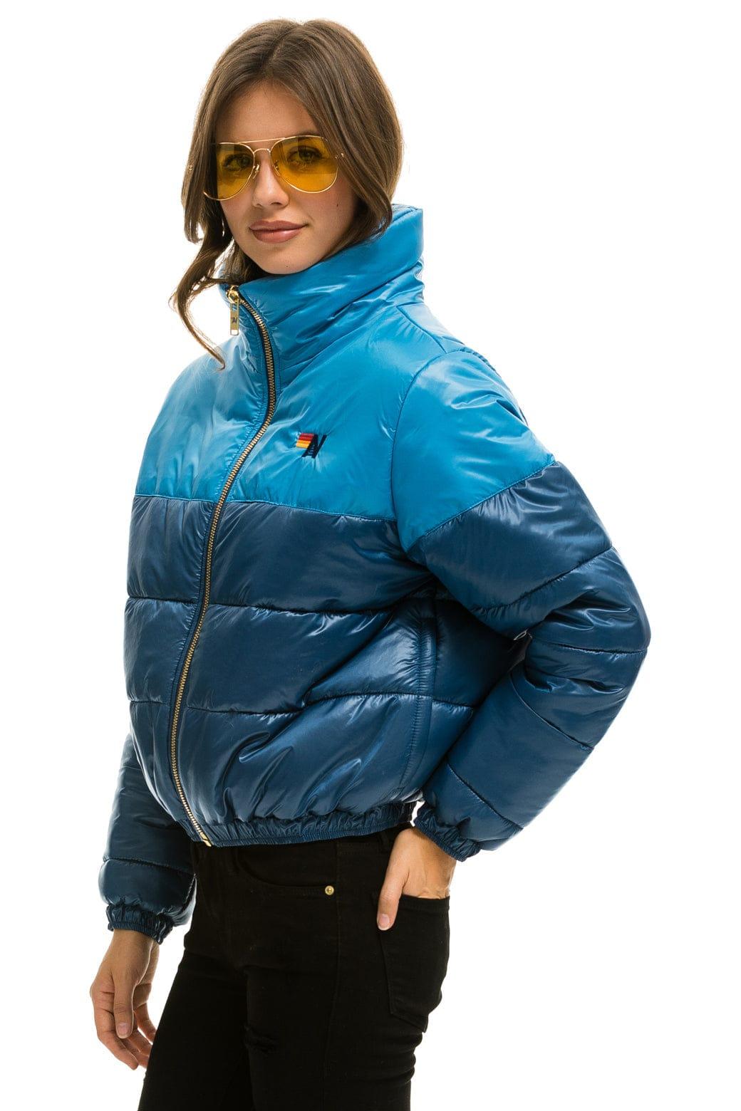 COLOR BLOCK HALF AND HALF APRES PUFFER JACKET - OCEAN GLOSSY Female Product Image