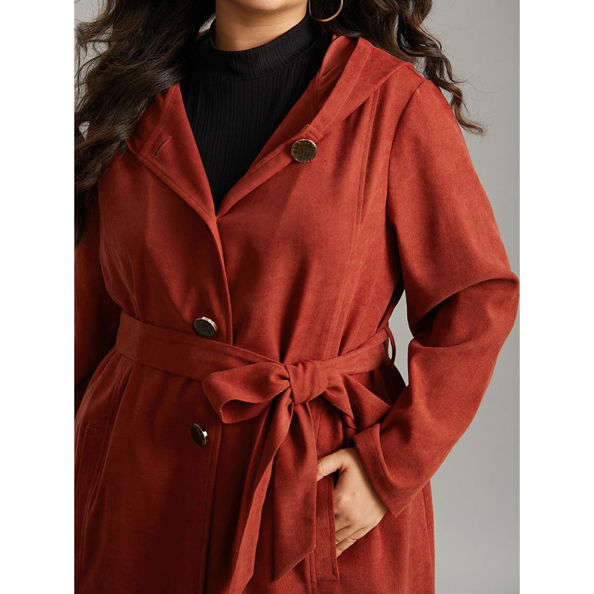 Plus Size Solid Belted Button Up Hooded Coat Women Russet Casual Plain Ladies Dailywear Winter Coats BloomChic 22-24/3X Product Image
