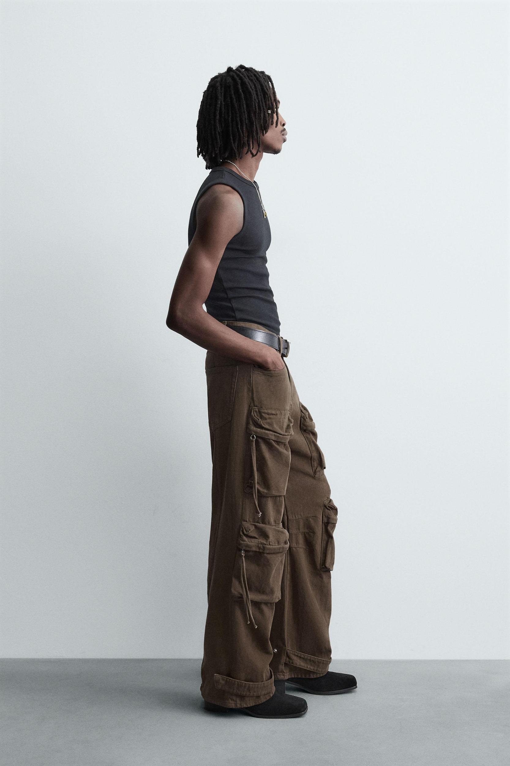 DENIM CARGO PANTS WITH POCKETS Product Image