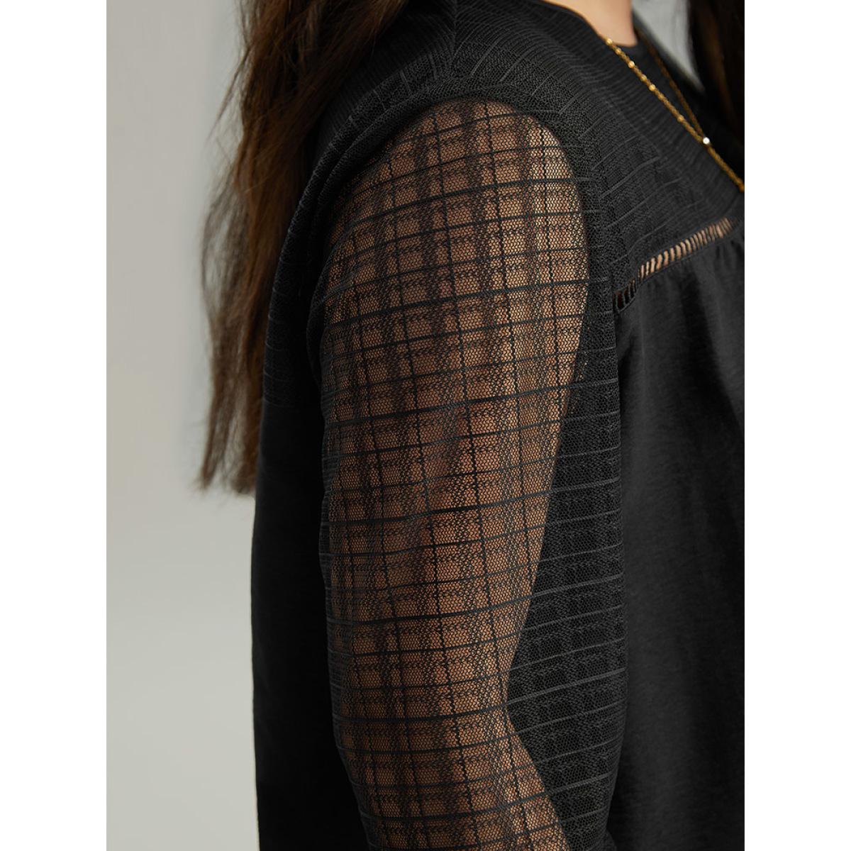 Plus Size Black Solid Keyhole Mesh Plicated Detail Blouse Women Glamour Long Sleeve Round Neck Going out Blouses BloomChic 12/L Product Image