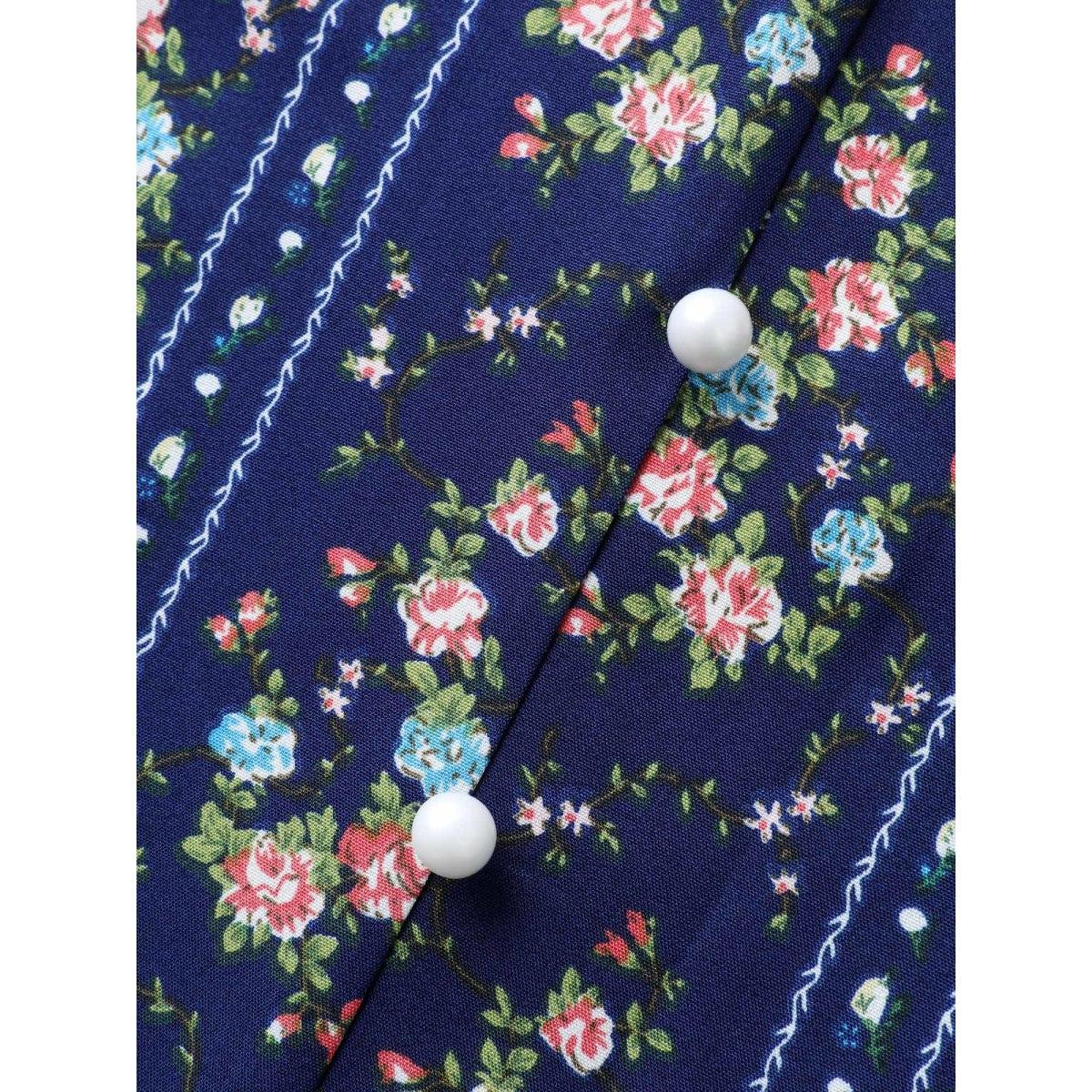 Plus Size DarkBlue Floral Stripes Flutter Sleeve Blouse Women Timeless Cap Sleeve Flat collar with V-notch Elegant Blouses BloomChic 18-20/2X Product Image