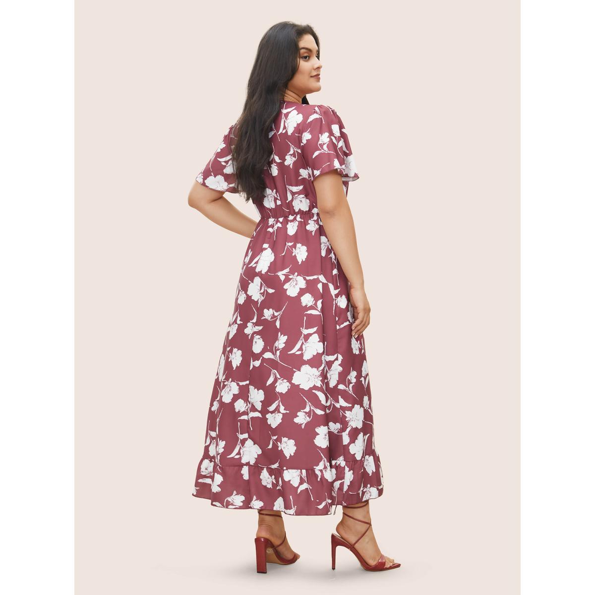 Plus Size Floral Ruffle Knot Side Wrap Dress DustyPink Women Elegant Ruffles V-neck Short sleeve Curvy Midi Dress BloomChic 22-24/3X Product Image