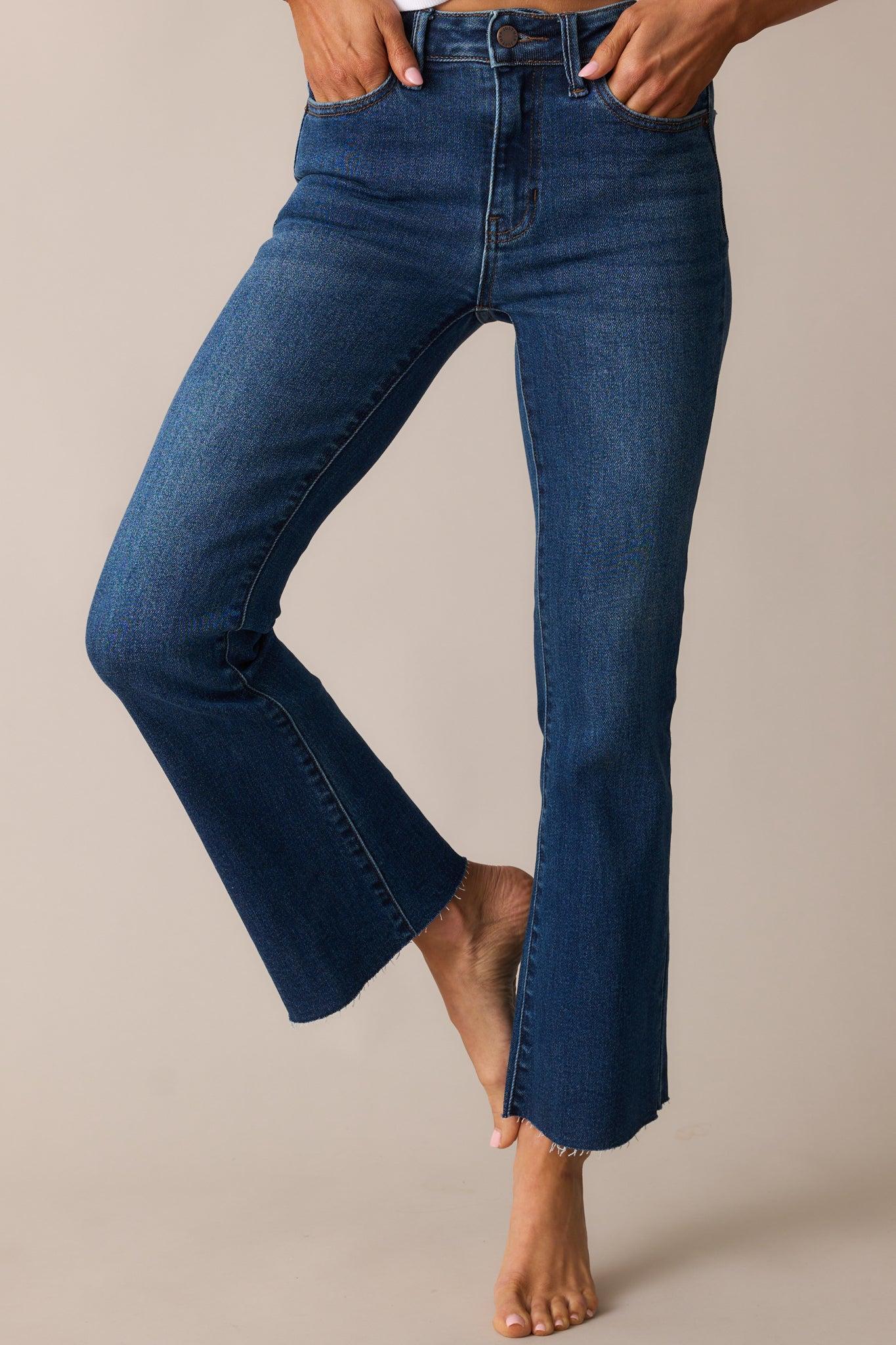 Back And Forth Dark Wash Mid Rise Cropped Flare Jeans Product Image