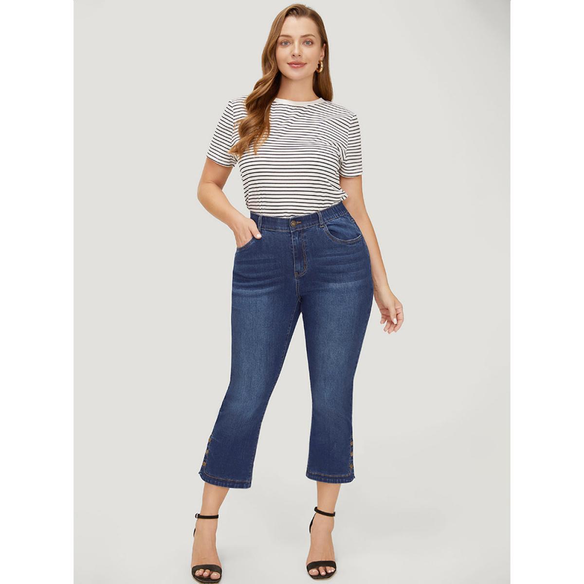 Plus Size Bootcut Very Stretchy High Rise Dark Wash Button Side Jeans Women DarkBlue Casual Plain Button High stretch Pocket Jeans BloomChic 24/3X Product Image