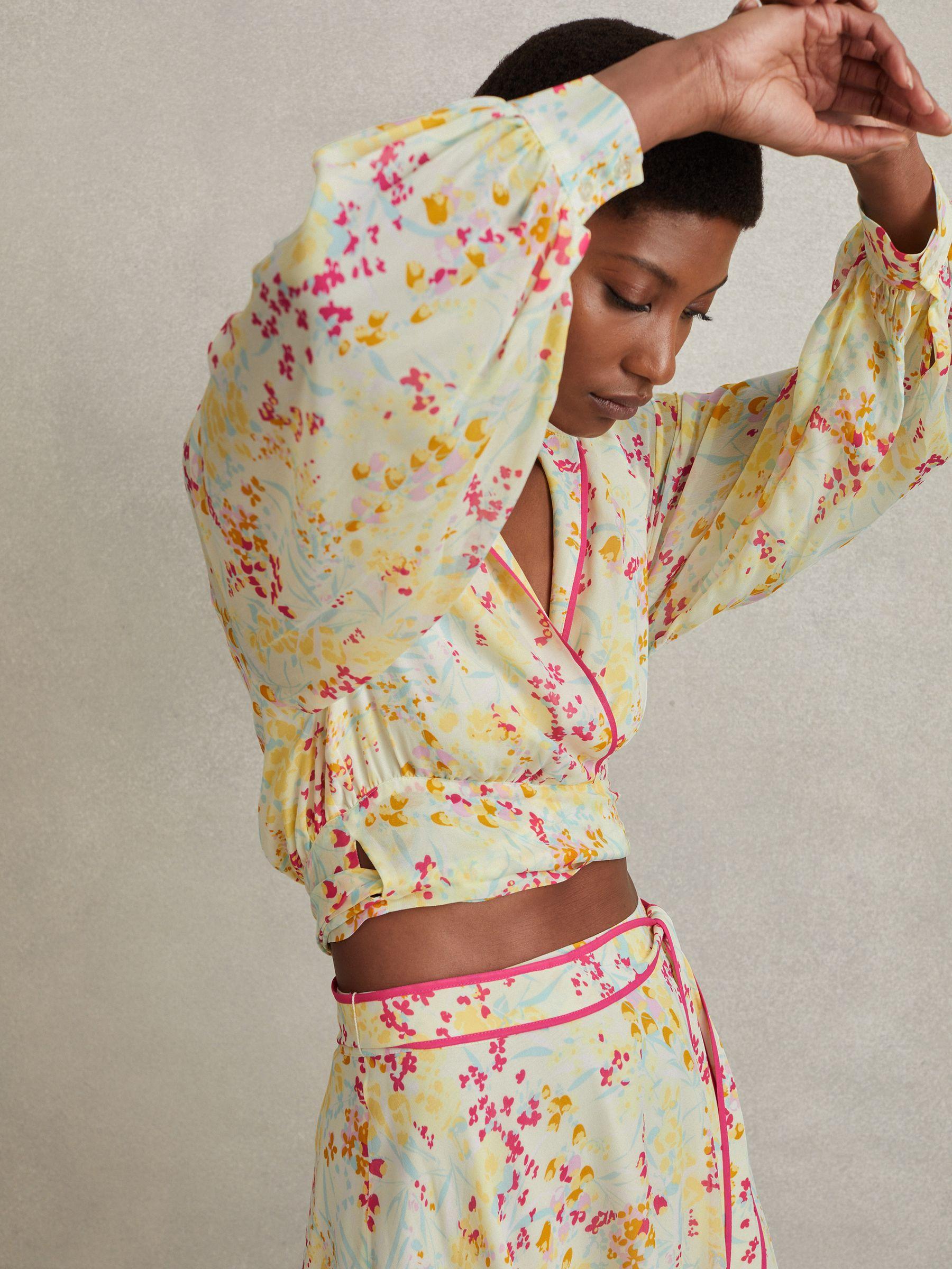 Floral Print Tie Waist Cropped Blouse in Pink/Yellow Product Image