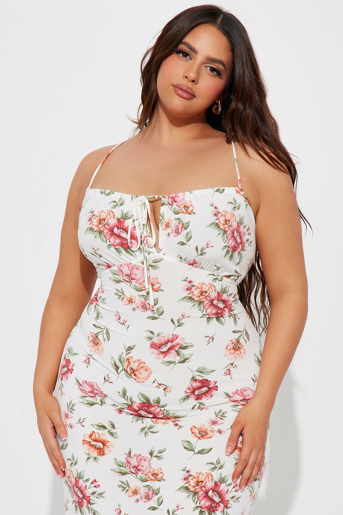 Floral Lace Up Midi Dress - Off White Product Image