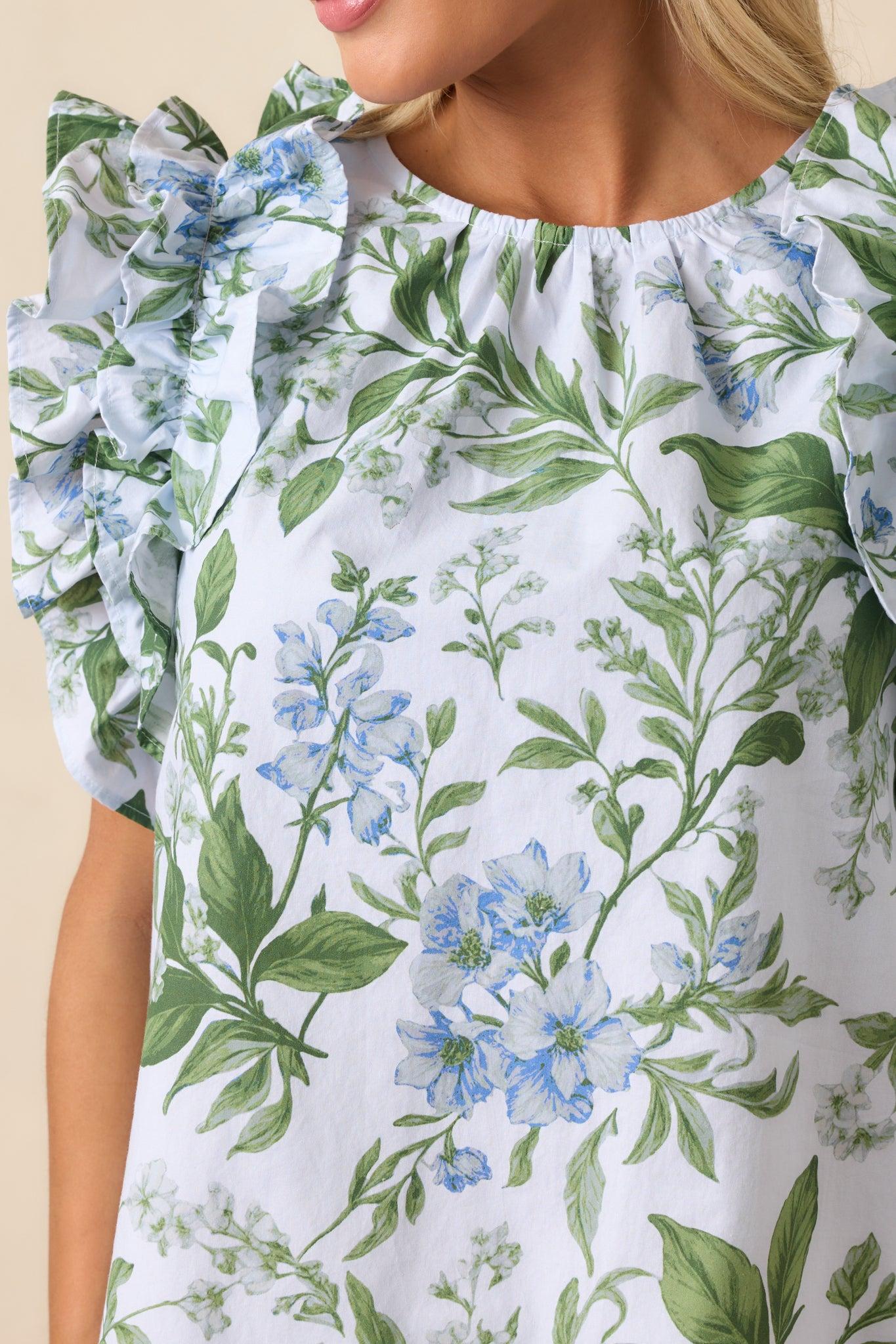 Charlotte Blue Lilacs Botanical Print Cotton Ruffle Top Product Image