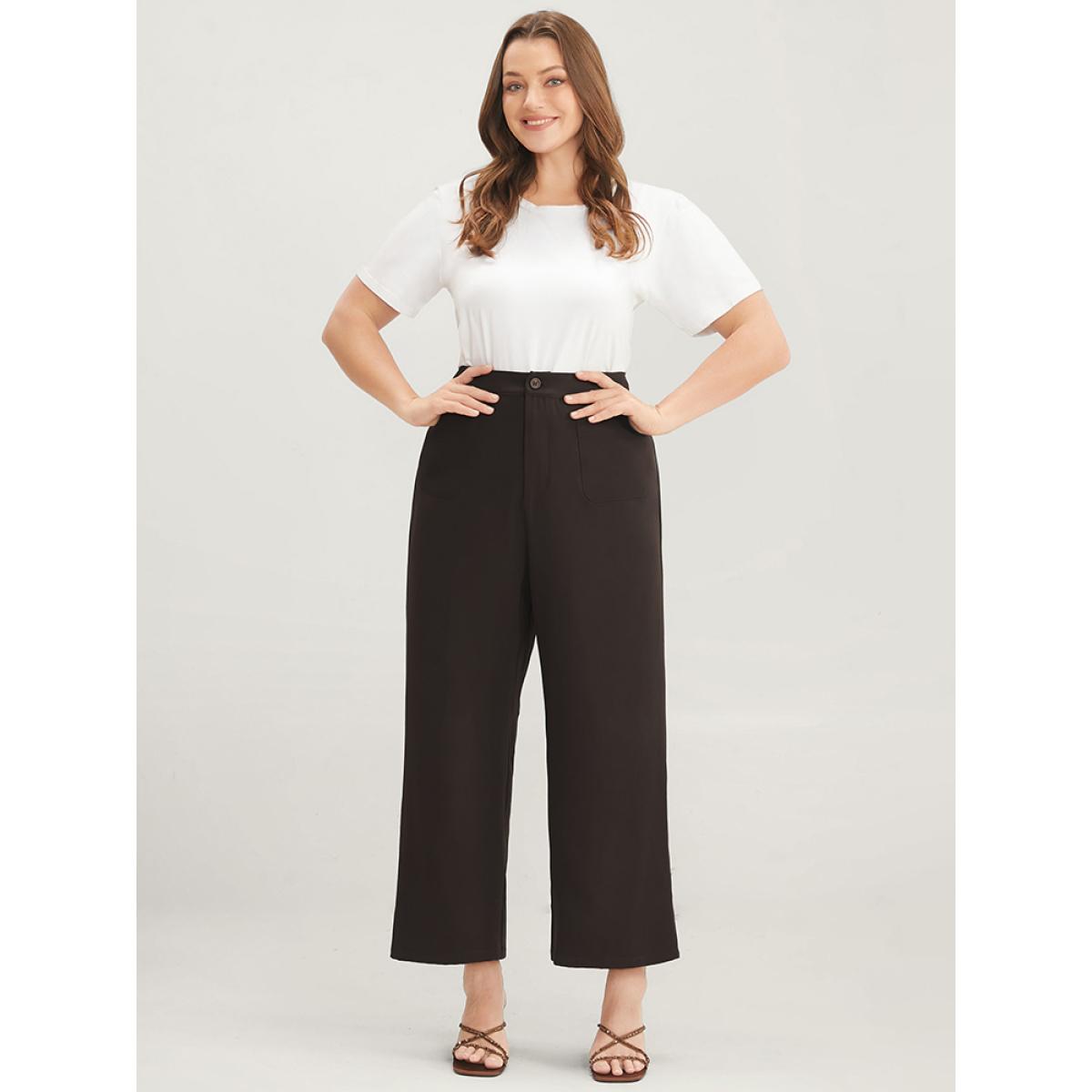 Plus Size Plain Pocket Front Wide Leg High Rise Pants Women DarkBrown Office Wide Leg High Rise Work Pants BloomChic 30/6X Product Image