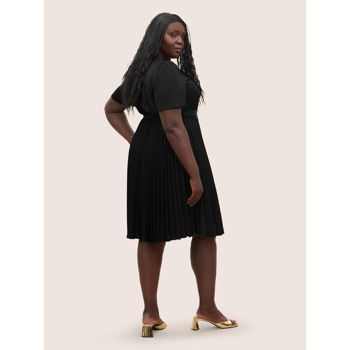 Plus Size Solid Pleated Buckle Detail Belted Dress Black Women Workwear Essentials Non V-neck Short sleeve Curvy Midi Dress BloomChic 18-20/2X Product Image