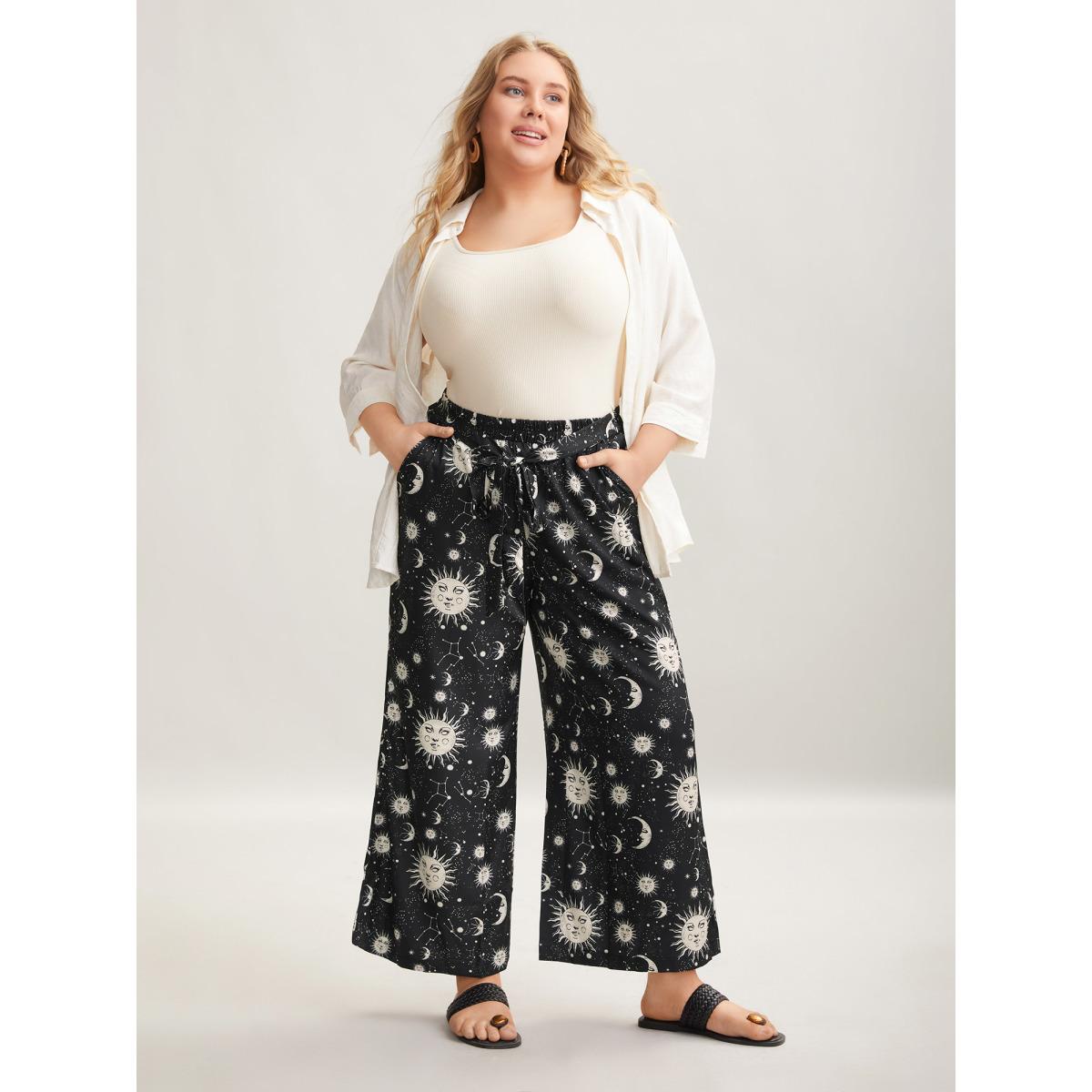 Plus Size Silhouette Floral Print Ties Side Seam Pocket Pants Women BlackFlower Elegant Wide Leg High Rise Everyday Pants BloomChic 18-20/2X Product Image
