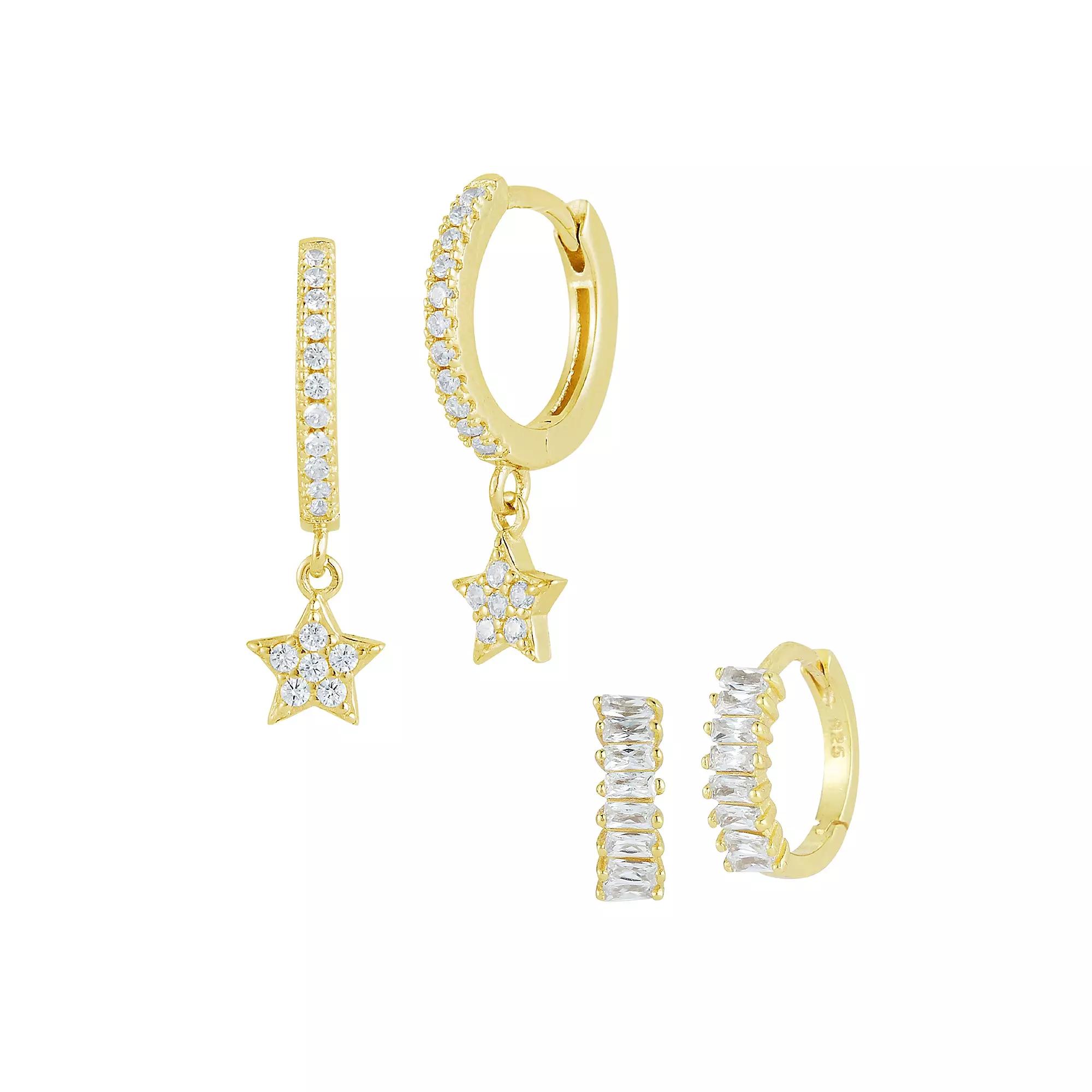 Sunkissed Sterling Cubic Zirconia Star Charm Huggie Hoop Earring Set, Women's, Gold Tone Product Image