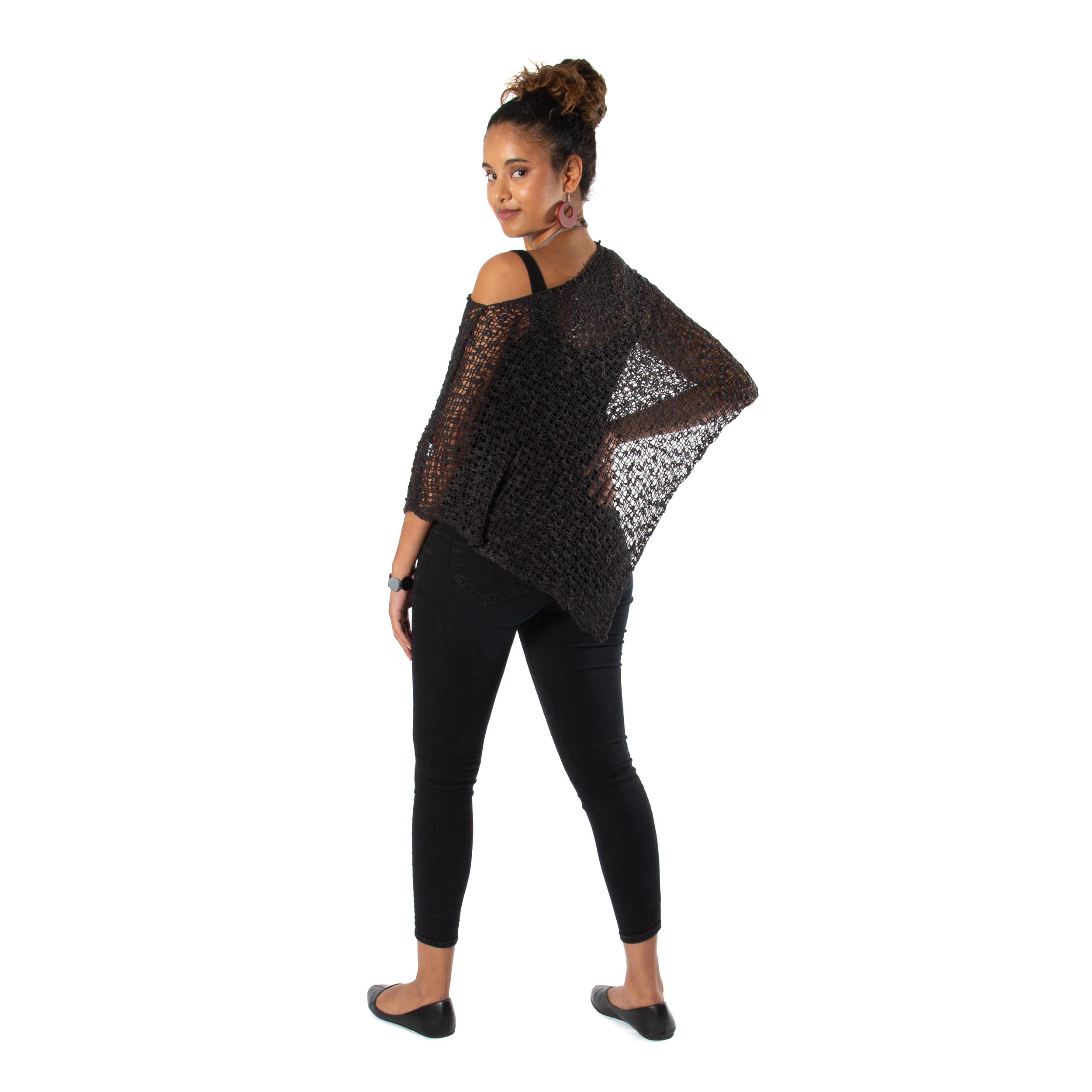 Short Popcorn Knit Poncho - Black Product Image