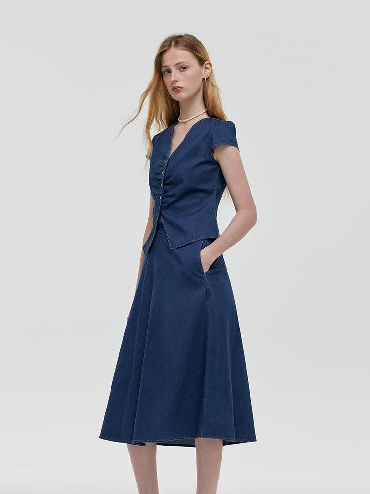 Pre-Order Denim V-Neck Top And Midi Skirt Two-Piece Set Product Image