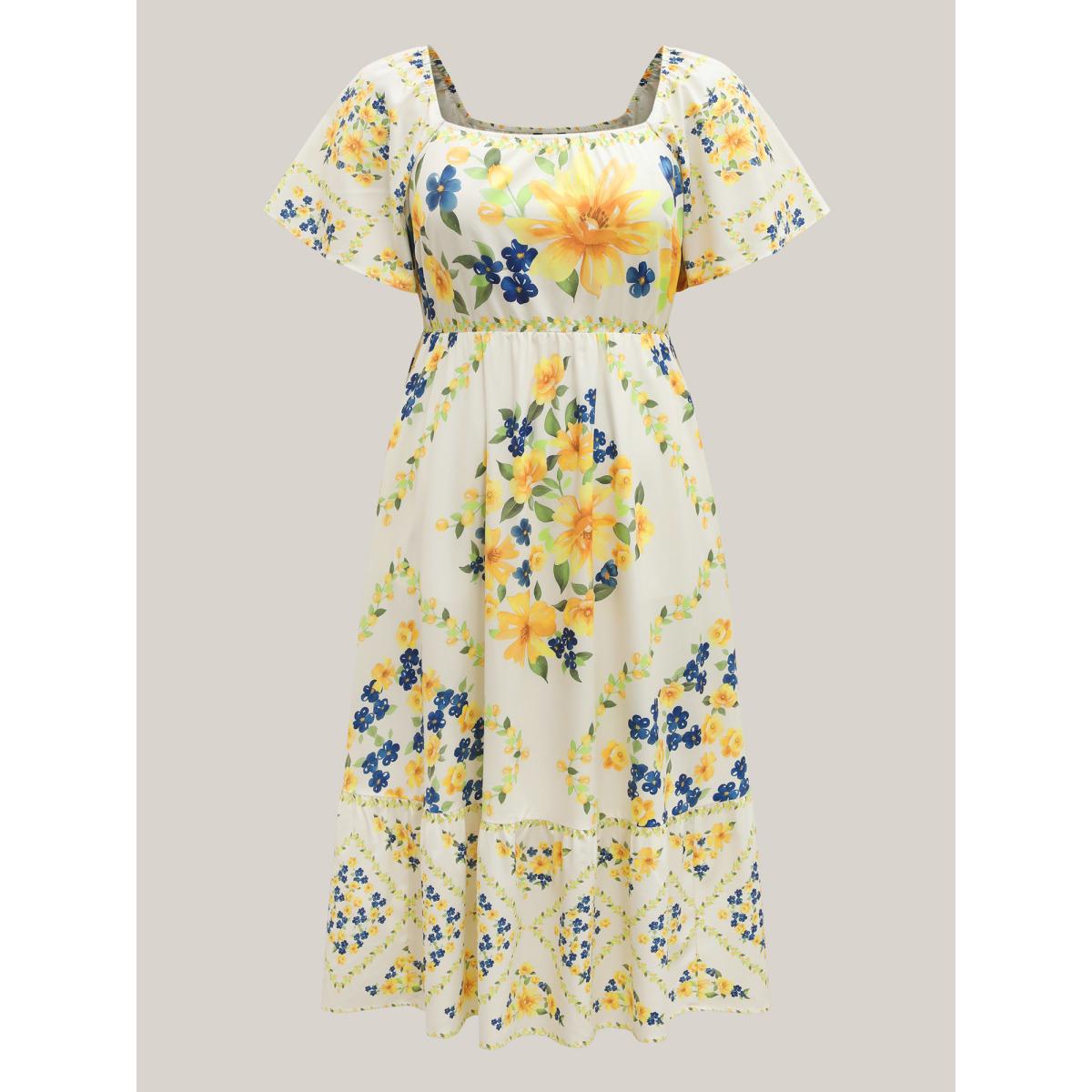 Plus Size Floral Fun Print Stretchy Waist Midi Dress Ivory Women Square Neck Short sleeve Curvy BloomChic 22-24/3X Product Image