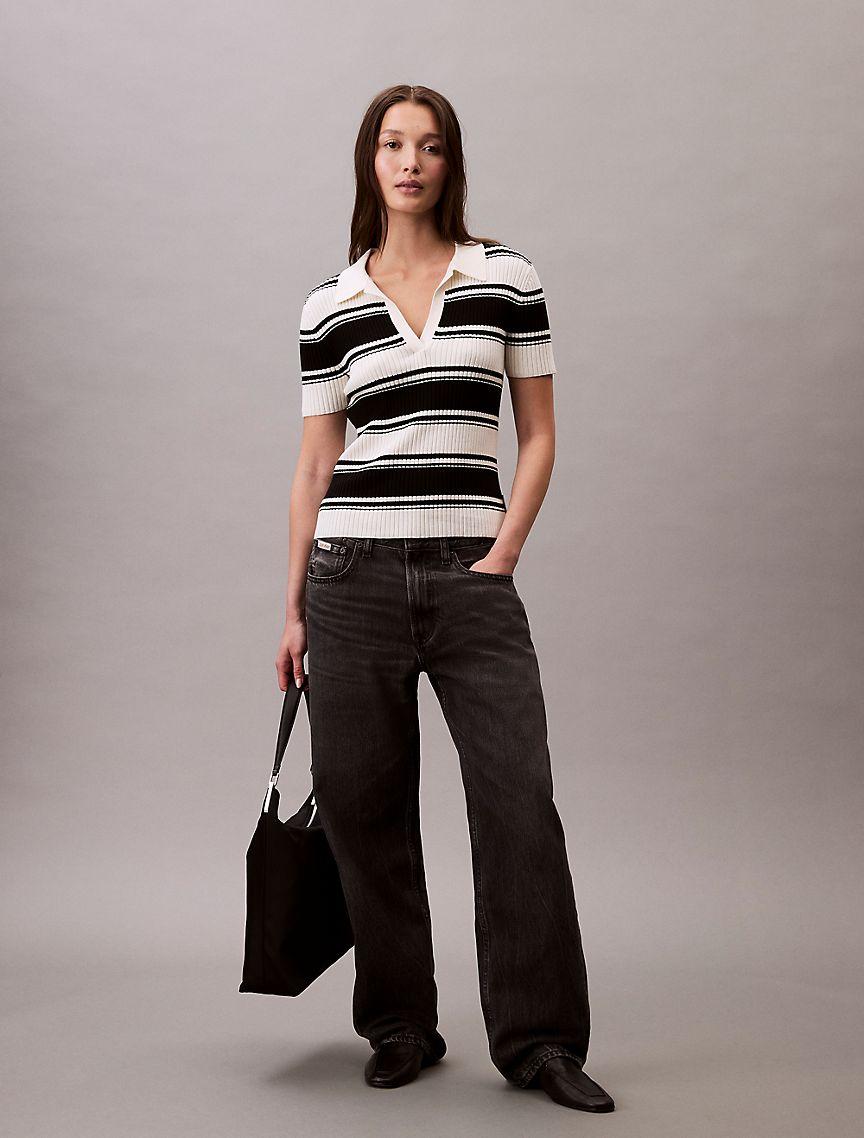 Smooth Cotton Rib Stripe Polo Shirt Product Image