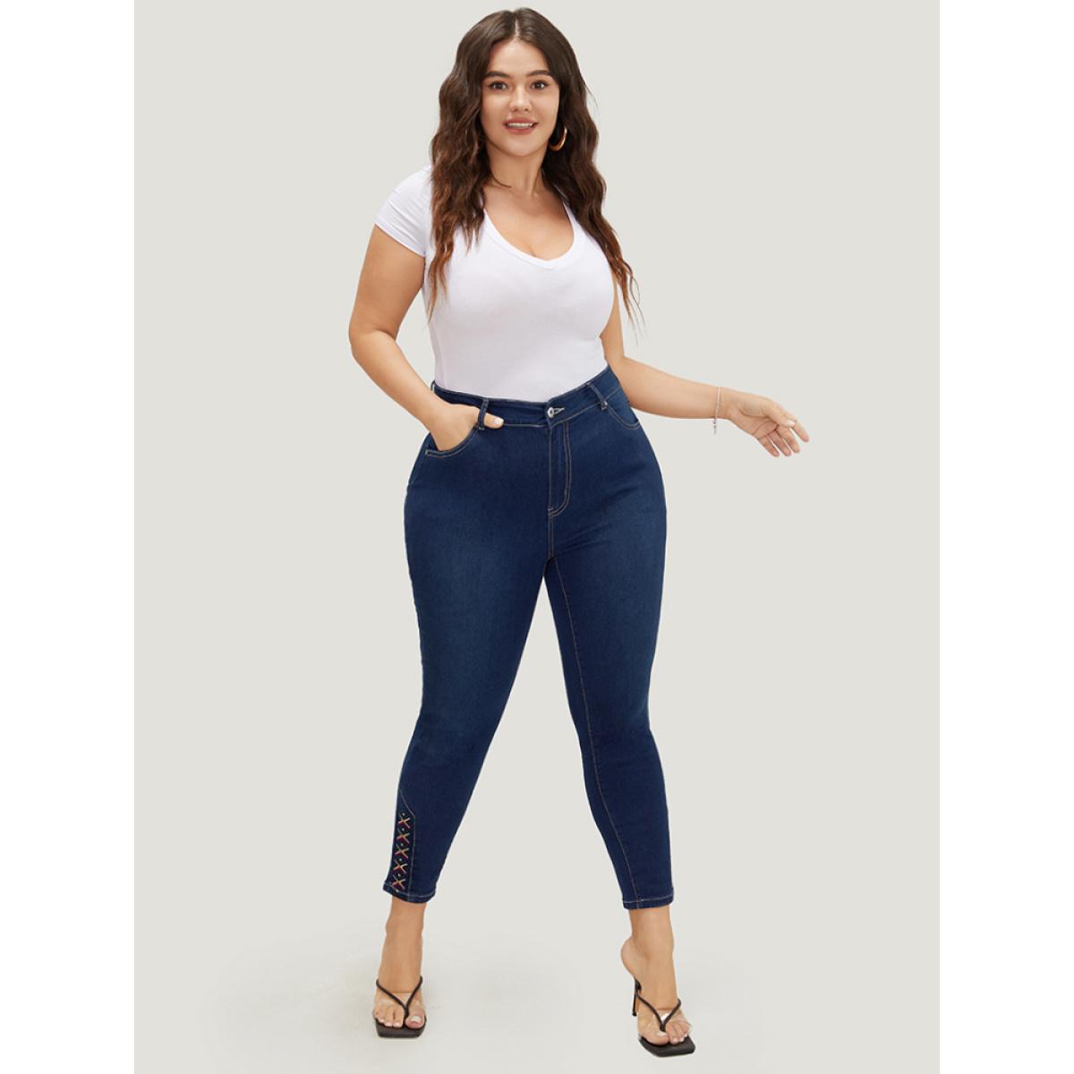Plus Size Very Stretchy High Rise Dark Wash Geometric Embroidered Jeans Women Indigo Casual Plain Embroidered High stretch Pocket Jeans BloomChic 28/5X Product Image