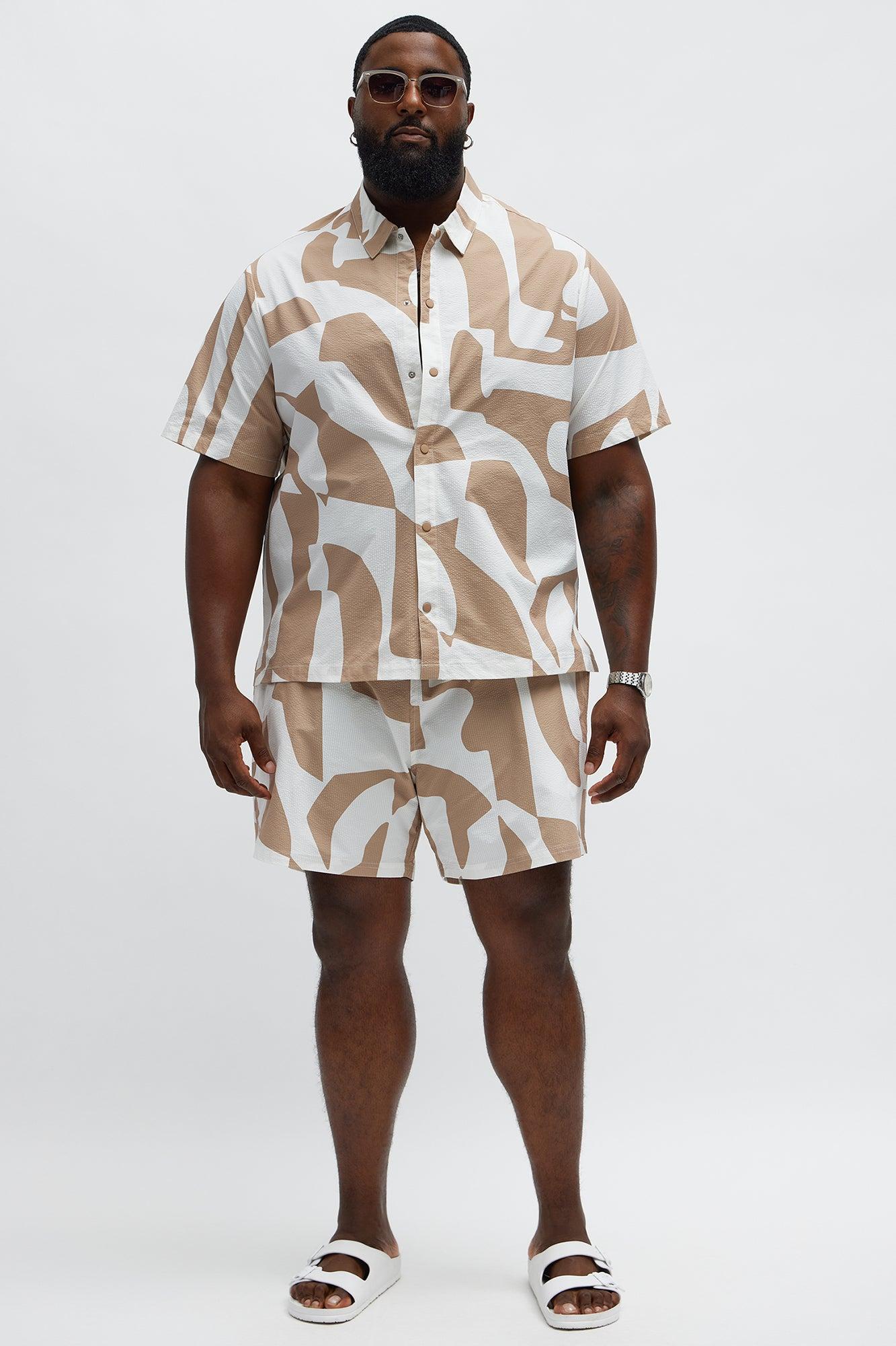 Seersucker Abstract Geo Printed Swim Trunk 6″ - Tan/Multi Male Product Image