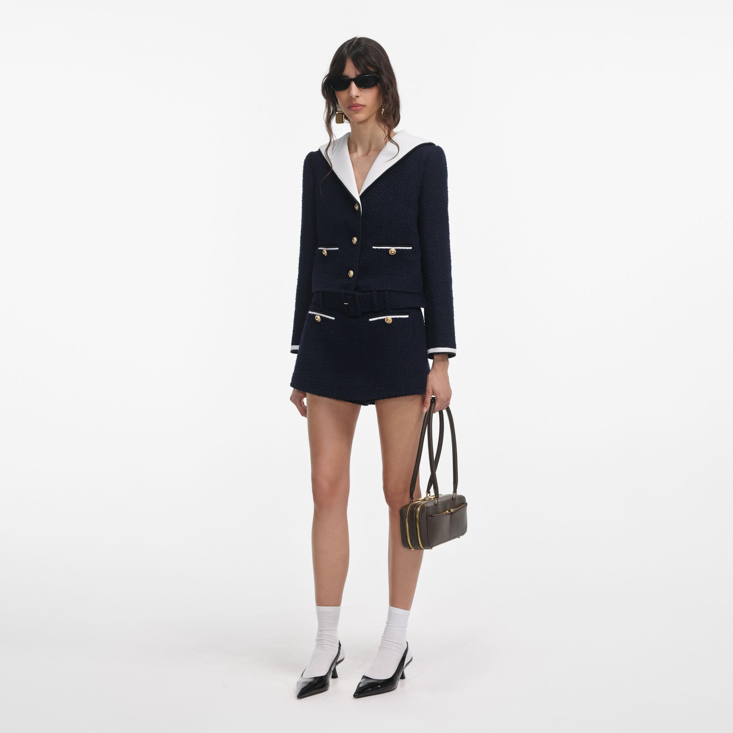 Navy Boucle Contrast Collar Jacket Product Image