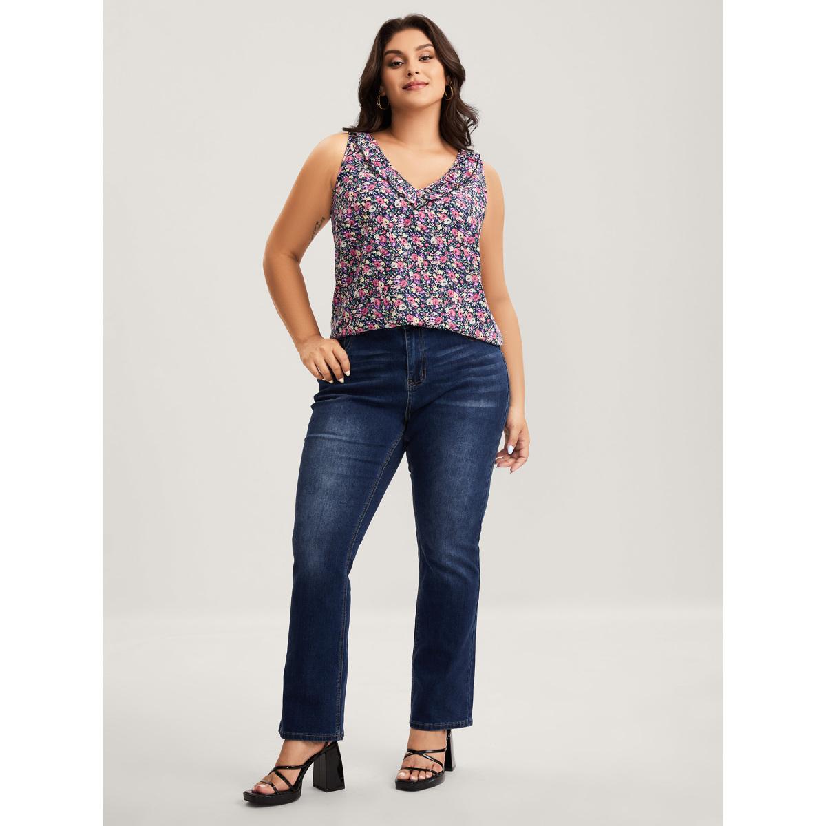 Plus Size Floral Print Lotus Neck Tank Top Women Indigo Timeless Ruffles V-neck Elegant Tank Tops Camis BloomChic 14-16/1X Product Image