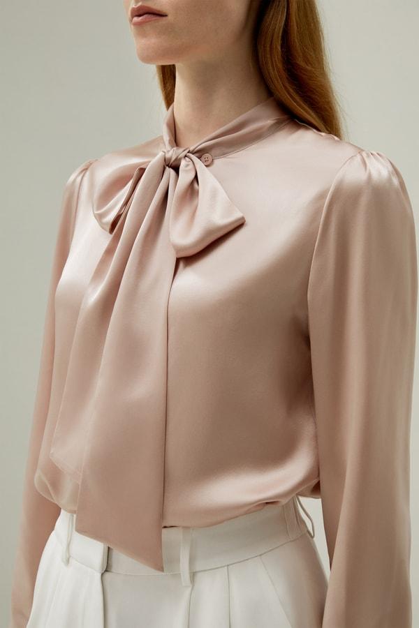 Women Bow-tie Neck Silk Blouse Product Image