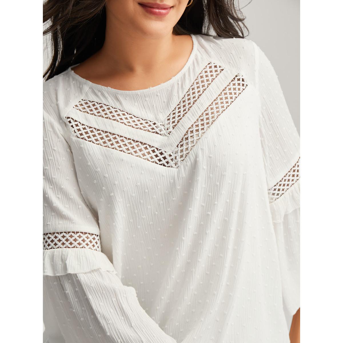 Plus Size WhiteSmoke Lace Trim Textured Flowy Solid Blouse Women Long Sleeve Round Neck Everyday-Elegant Blouses BloomChic 10/M Product Image