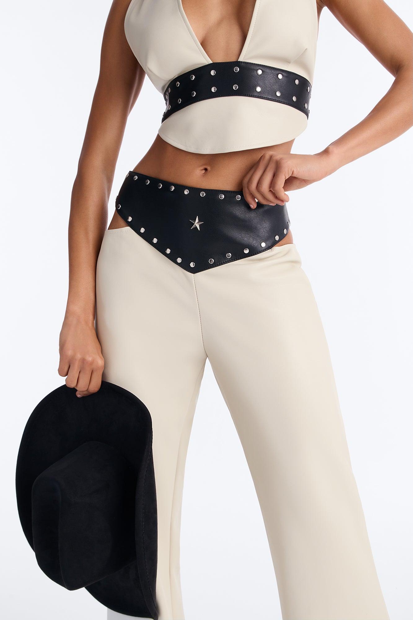 Natasha Faux Leather Studded Pant Set - Cream Female Product Image