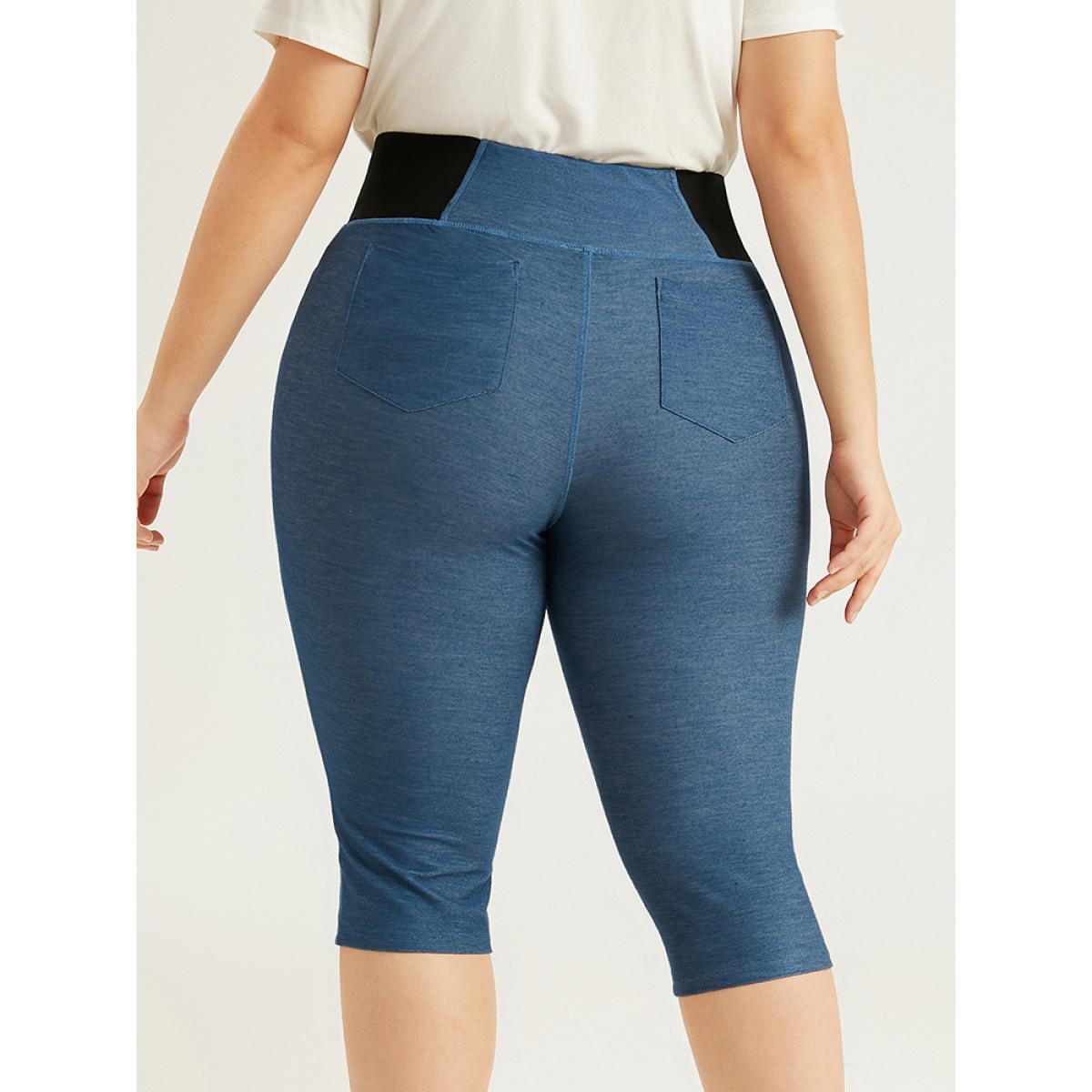 Plus Size Patchwork Contrast Pocket Leggings Women DarkBlue Casual High stretch Skinny High Rise Dailywear Leggings BloomChic 28/5X Product Image