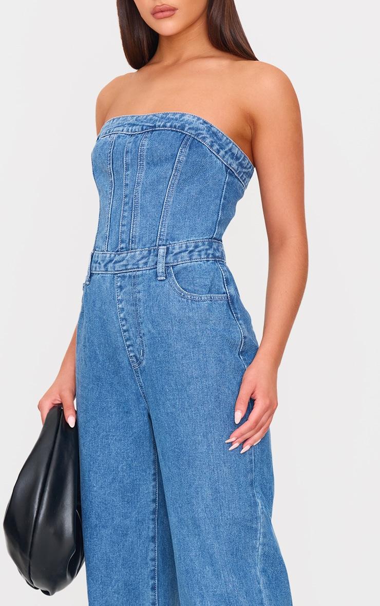 Mid Blue Wash Bandeau Denim Jumpsuit Product Image