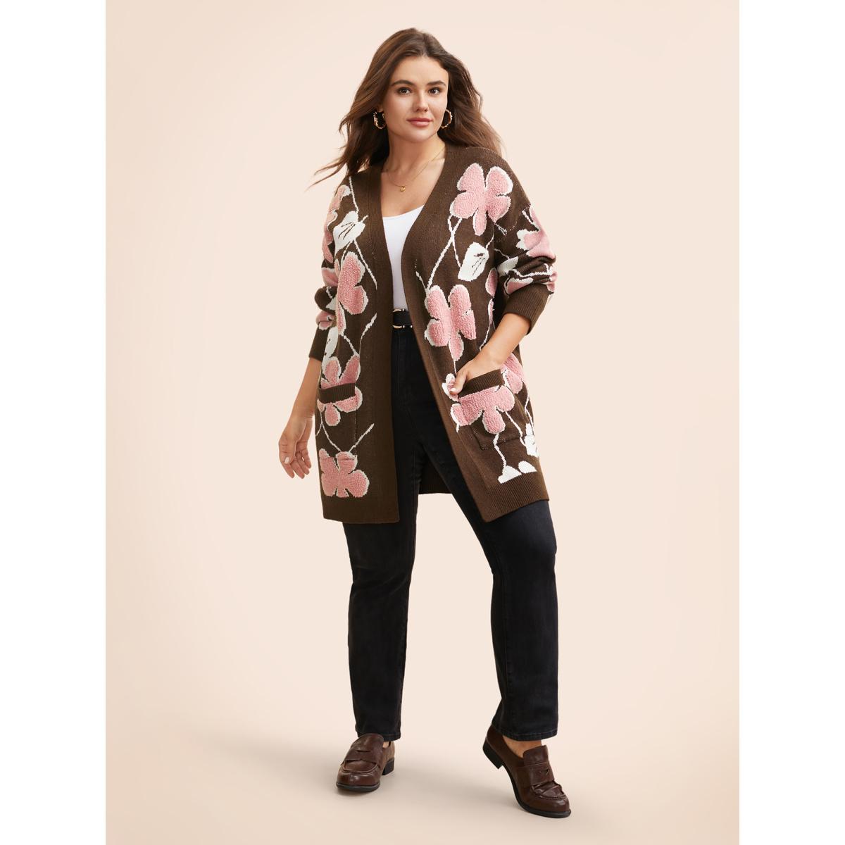 Plus Size Floral Jacquard Open Front Pocket Cardigan Browncoffeecolor Women Playful Loose Long Sleeve Casual Cardigans BloomChic 18-20/2X Product Image