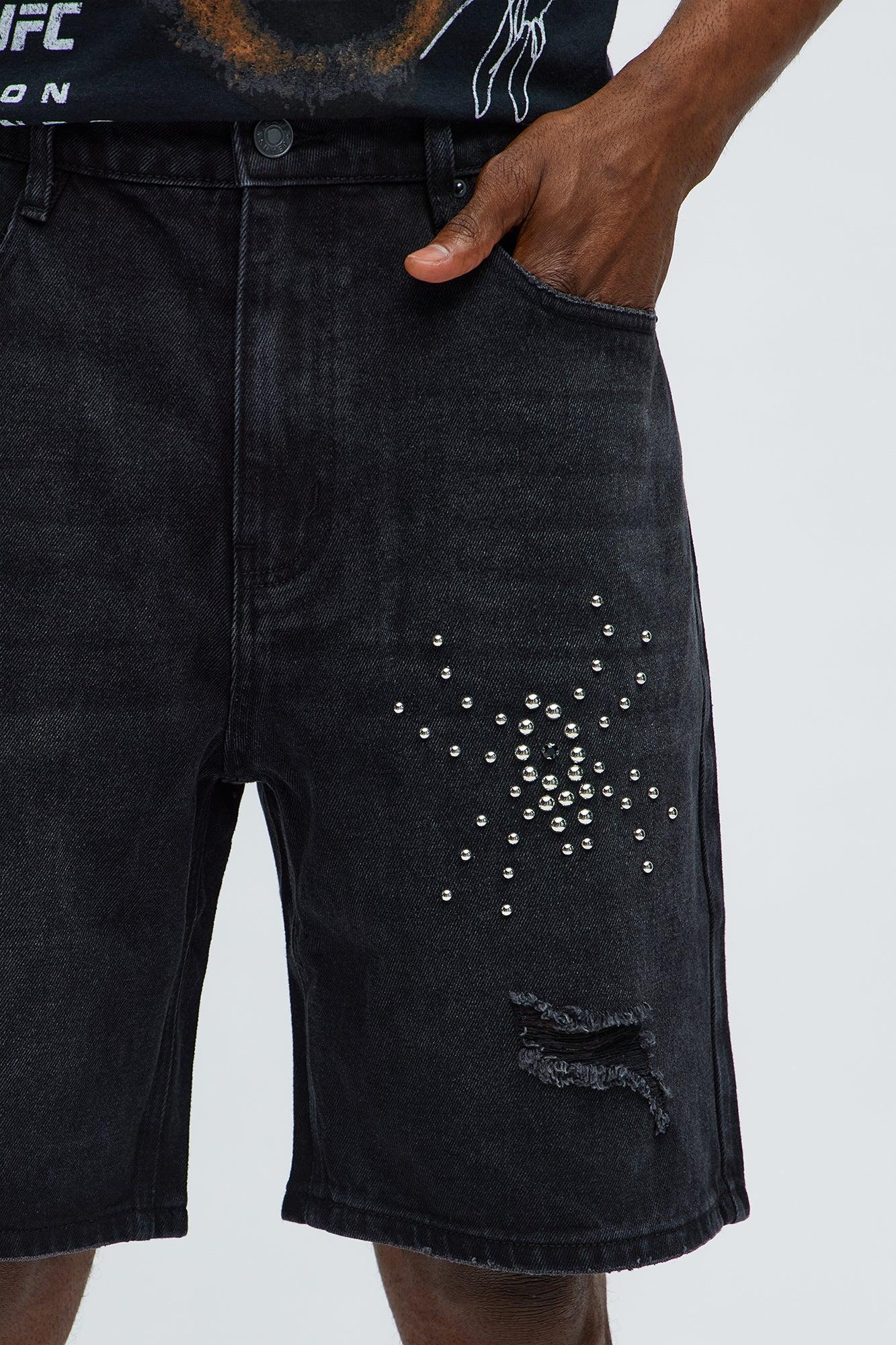 Relaxed Studded Spider Denim Shorts - Black Wash Male Product Image