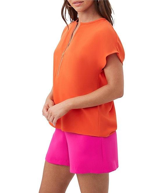 Trina Turk Hasil Georgette Zip Round Neck Short Sleeve Blouse Product Image