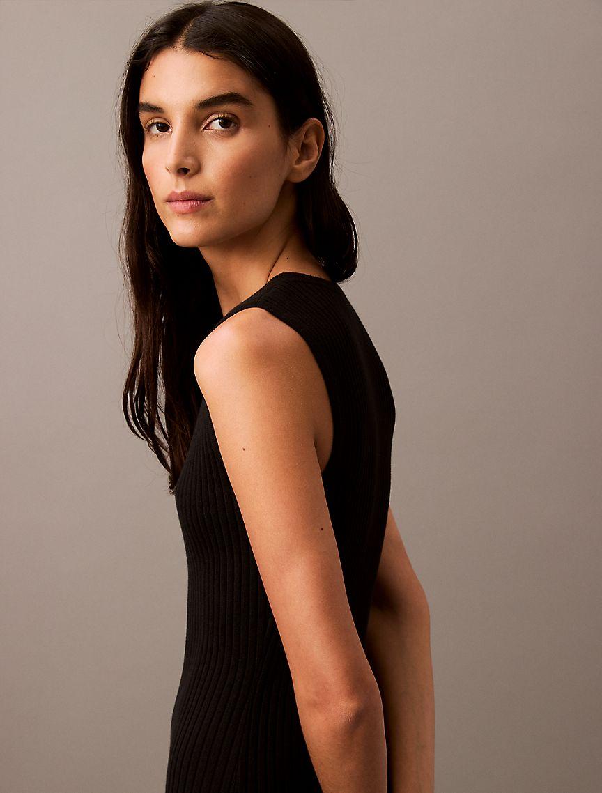 Smooth Cotton Rib Sweater Midi V-Neck Dress Product Image