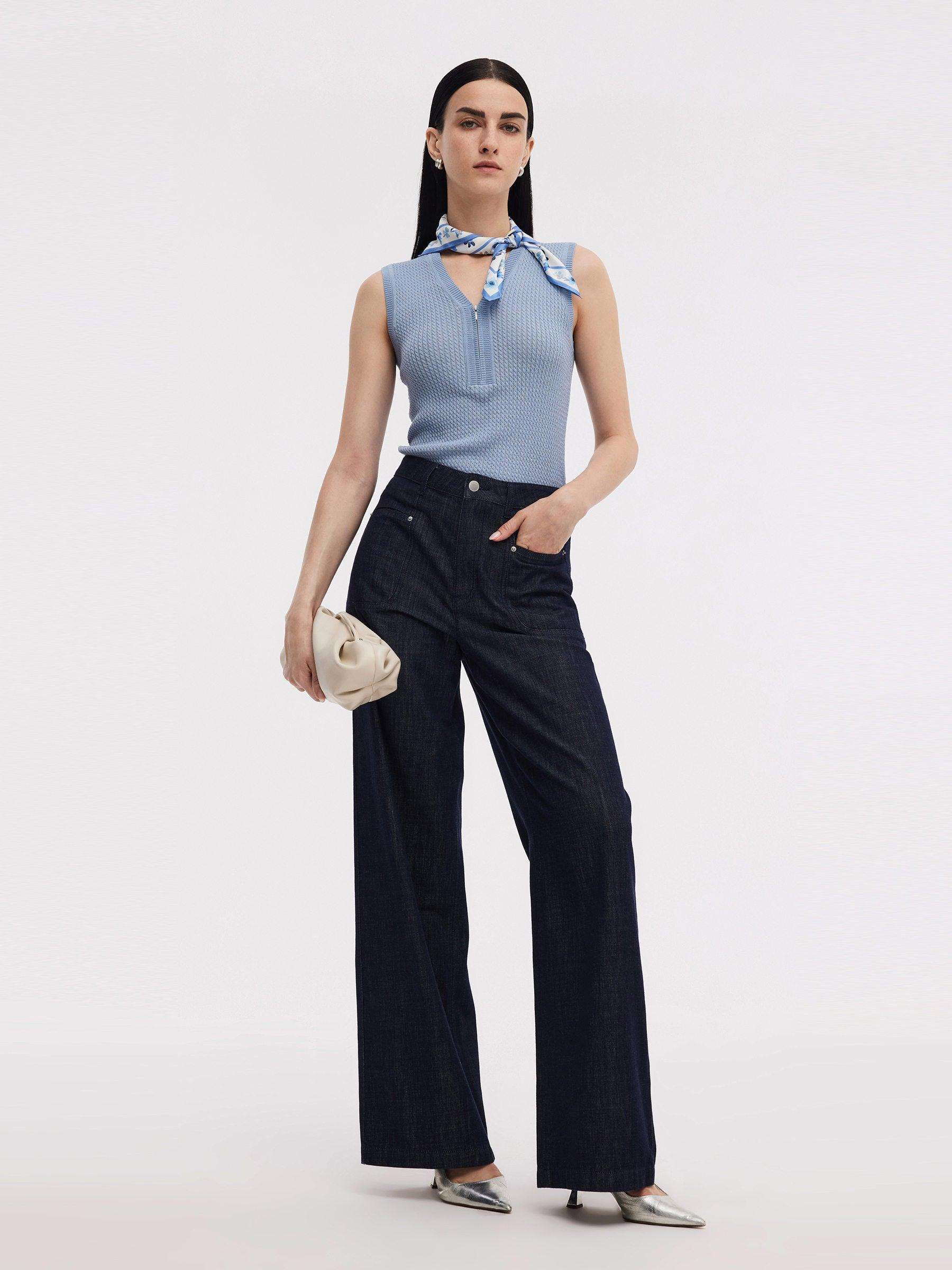 Tencel Blend Half-Zip Women V-Neck Knit Tank Top Product Image