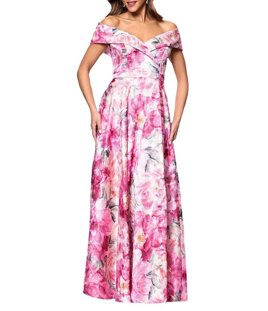 Xscape Off The Shoulder Cap Sleeve Floral Burnout Chiffon A-Line Gown Product Image