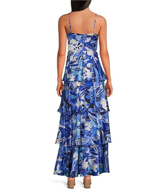 Skies Are Blue Floral Print V-Neck Sleeveless Satin Tier Maxi Dress Product Image