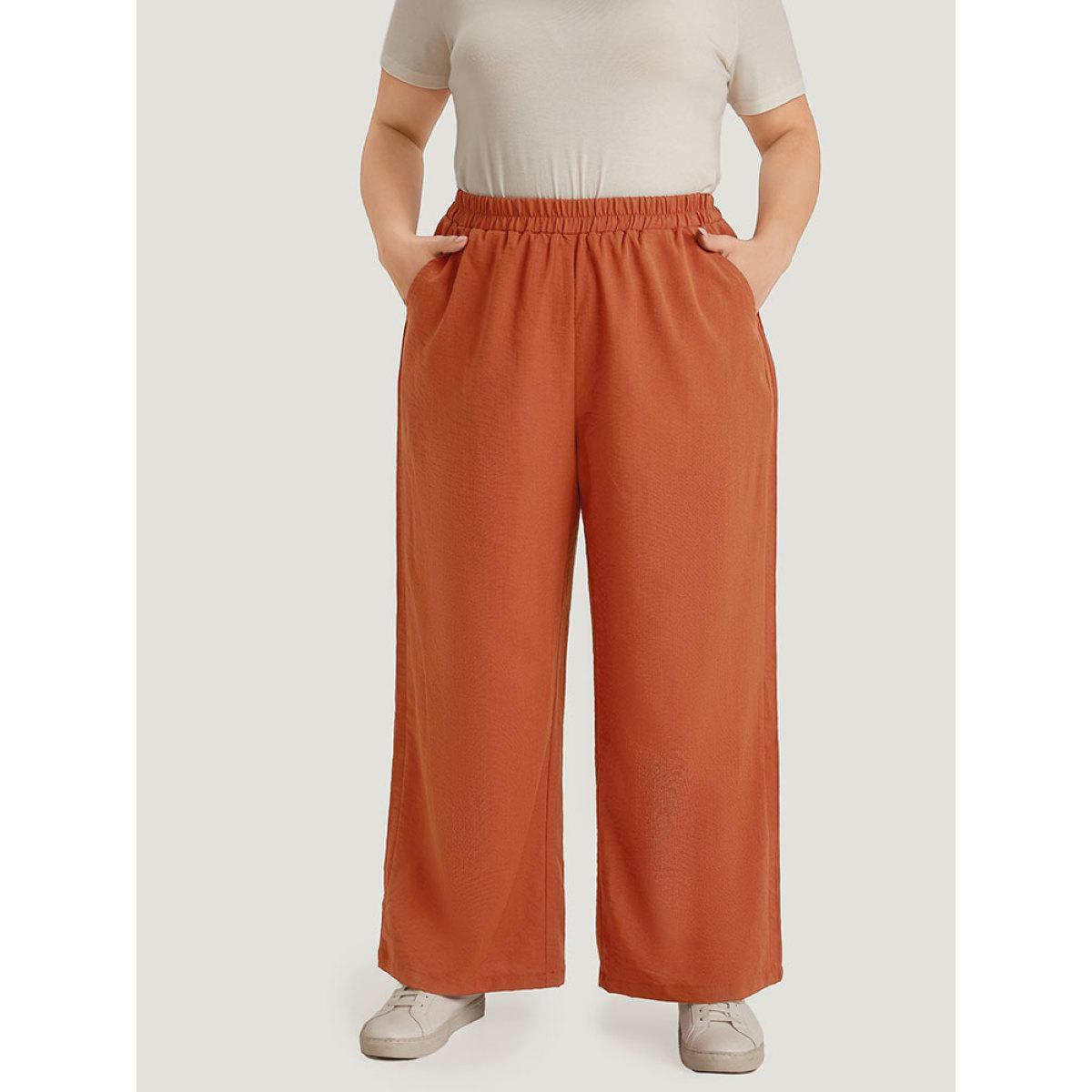 Plus Size Plain Plicated Detail Pocket Elastic Waist Wide leg Pants Women Chocolate Casual Straight Leg High Rise Dailywear Pants BloomChic 22-24/3X Product Image