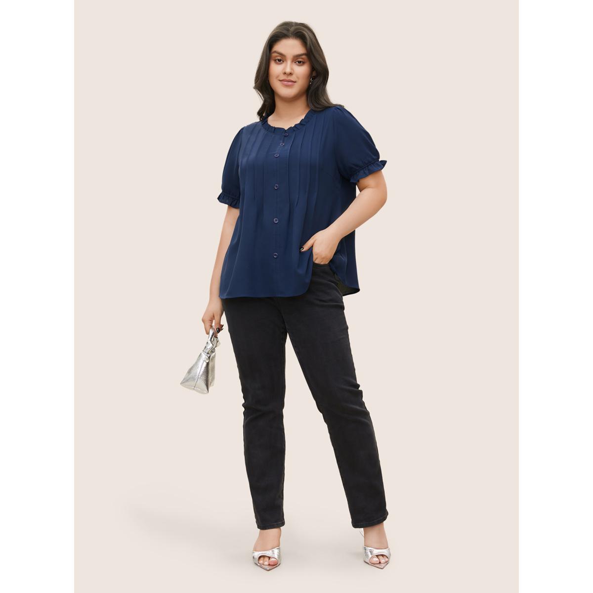 Plus Size Indigo Plain Mesh Lace Patchwork Pleated Frill Trim Blouse Women Casual Short sleeve Stand-up collar Everyday Blouses BloomChic 12/L Product Image