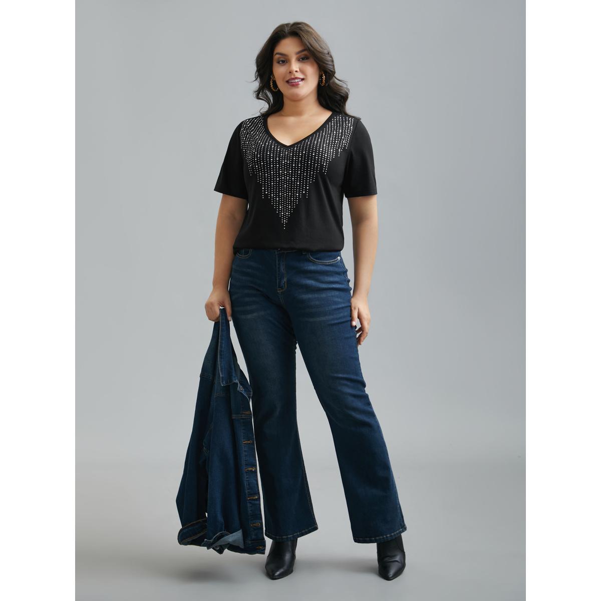 Plus Size V-Neck Rhinestone Stretchy T-Shirt Black Women Elegant Rhinestone detailing V-neck Everyday T-shirts BloomChic 14-16/1X Product Image