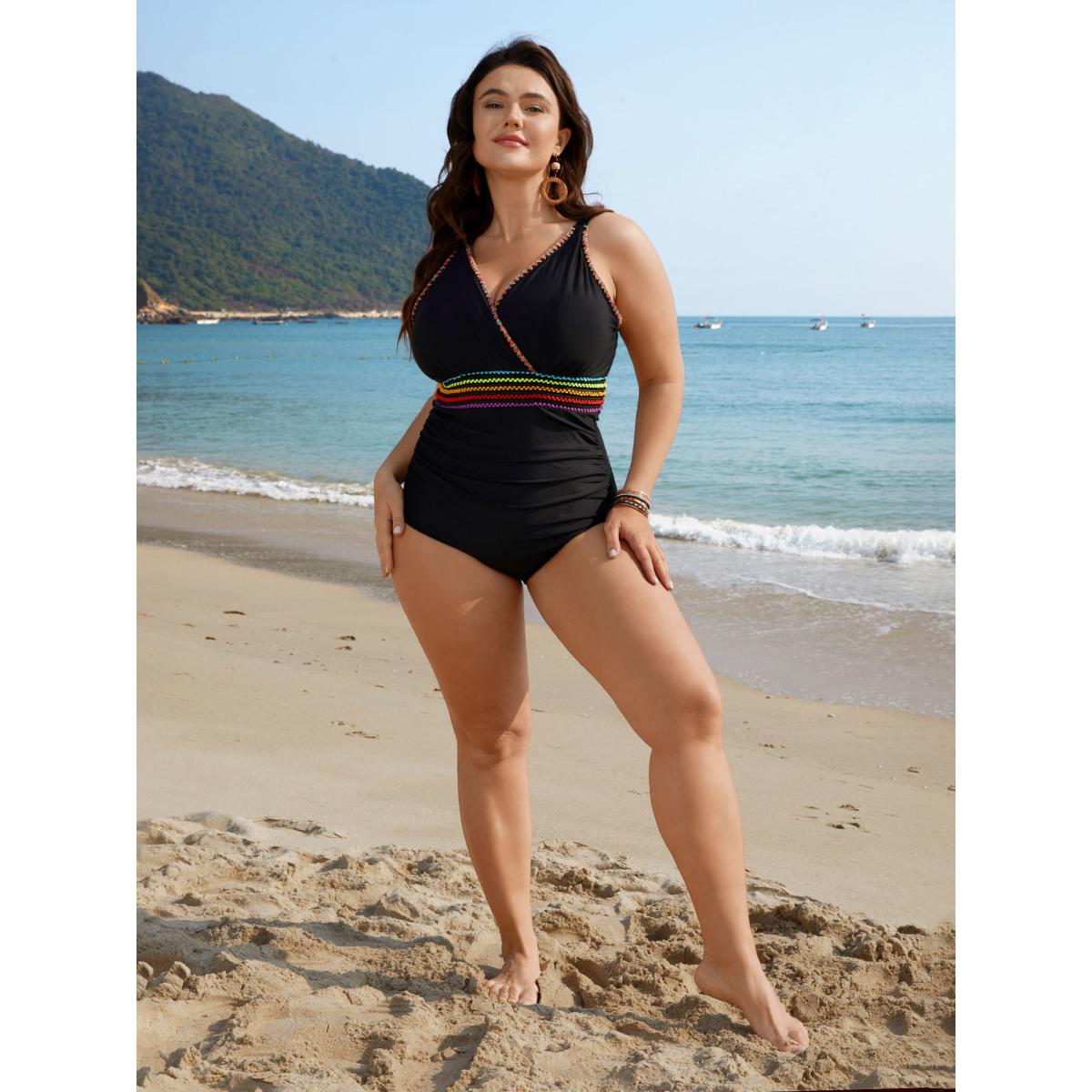 Plus Size Embroidered Pleated Webbed One-Piece Swimsuit Women's Swimwear Black Beach Woven ribbon&lace trim Curve Bathing Suits High stretch One Pieces BloomChic 18-20/2X Product Image