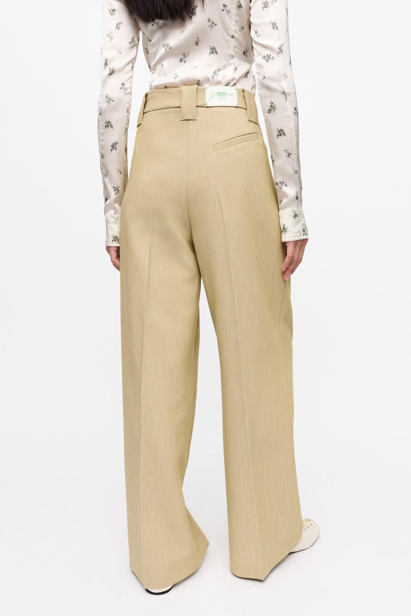 Beige Twill Suiting Mid Waist Pants Product Image