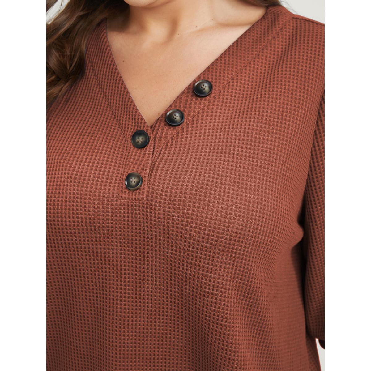 Plus Size Solid Lantern Sleeve Button V Neck Waffle Knit Long Tee Chocolate Women Casual Button Plain V-neck Dailywear T-shirts BloomChic 30/6X Product Image
